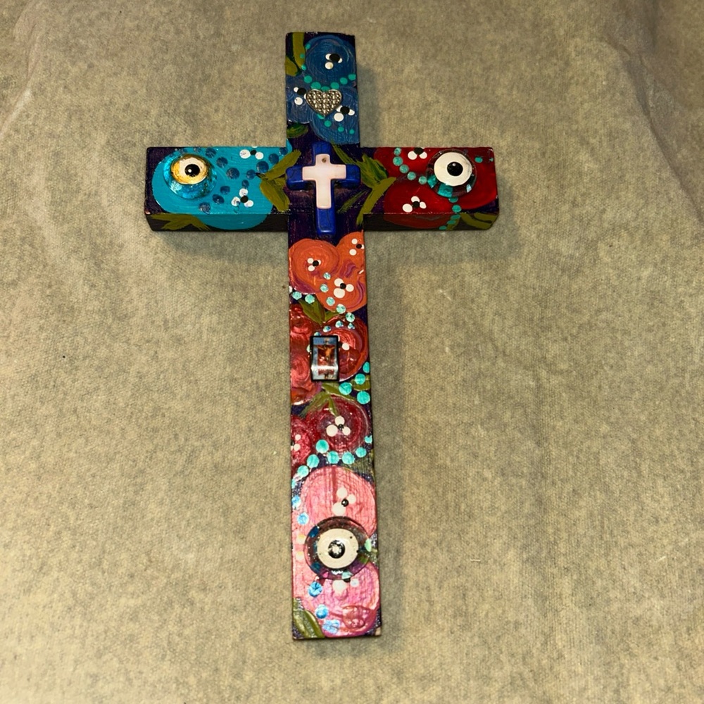 Colorful Hand-Painted Cross With Evil Eyes